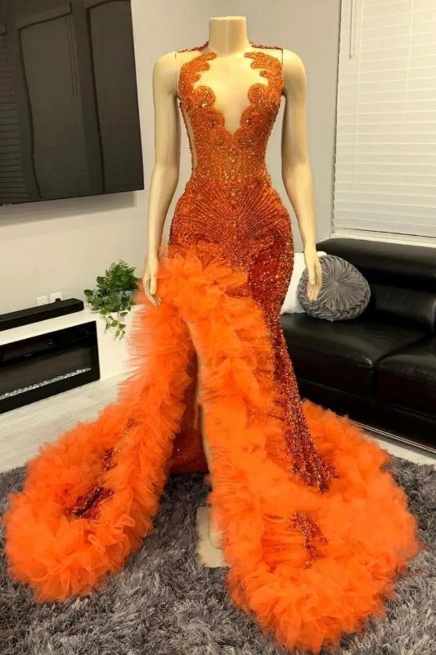 Prom Dresses Stunning Orange Mermaid For Black Girls 2024 New Sexy Sheer Plunging Neck Tier Ruffles Skirts Front Split Evening Gowns Robes De Bal Bc18