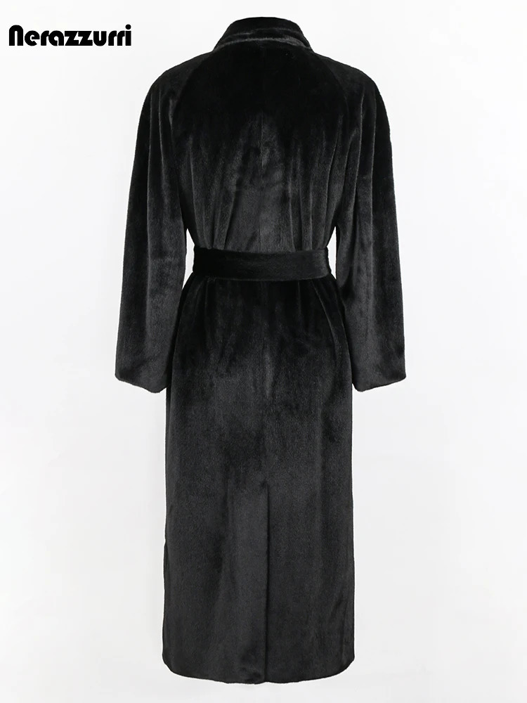 Sapphire Winter Long Black Warm Soft Fluffy Artificial Mink Trench Coat Womens Belt Double Chest Cool European Fashion 241113