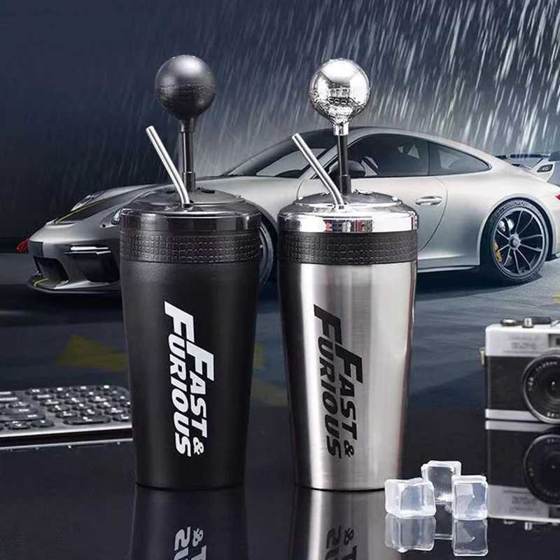 Stainless steel car water bottle with straw beverage bottle quick and angry 10 hot cups covered rocker arm beverage set 500ml Y241114