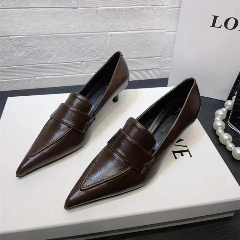 Pointed Toe Leather Shoes Womens Middle Boots Loafers Fashion Office Pump Shallow Elegant Dress Autumn Trend Chelsea Oxford Zapatos 241113