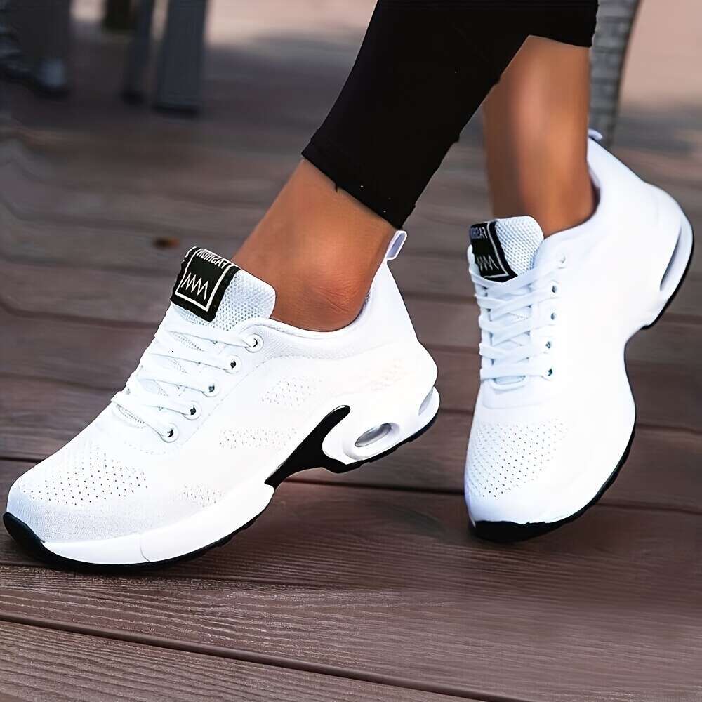 Comfortable Air Cushion Road Running Shoes Lace Up, Shock Absorbing, Breathable, Flying Woven Sneakers Women - Ideal for Outdoor Sports and Fiess