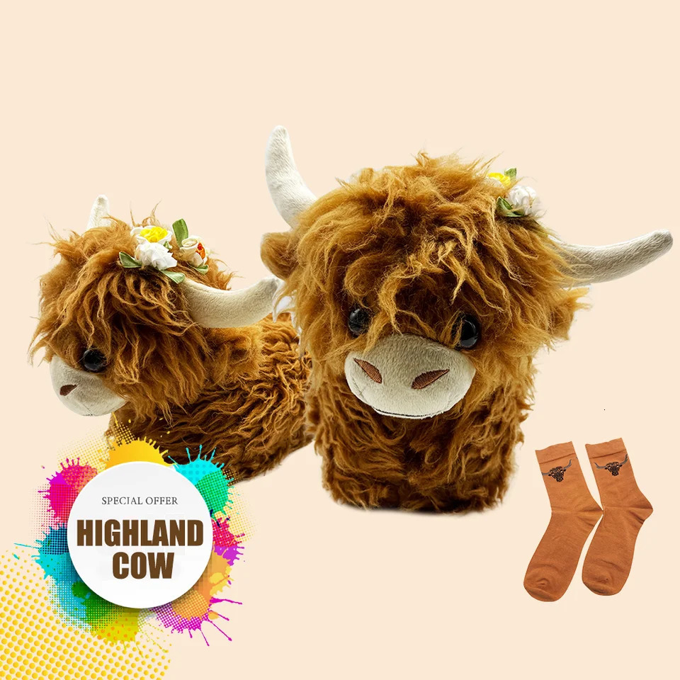 Highland Cow plush slider with socks womens fluffy cow slider warm soft house animal shoes Christmas gift 241113