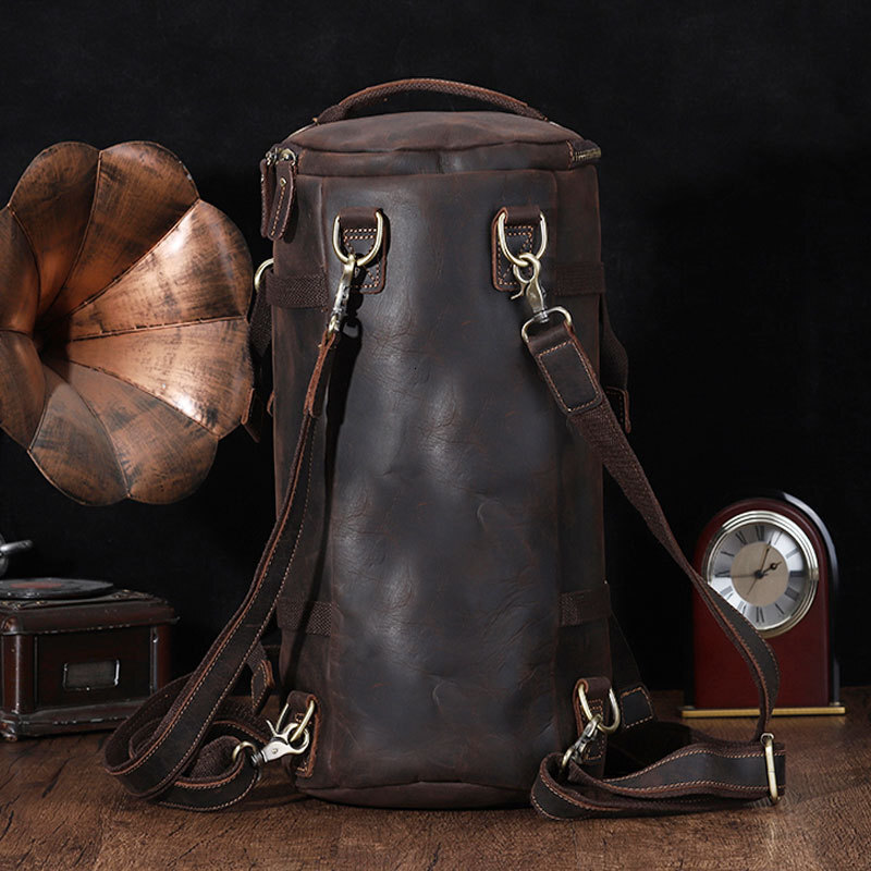 Unique Design Backpack For Men Vintage Crazy Horse Leather Bucket Daypack Large Travel Bag Male Backpac Genuine Leather BagVoyage