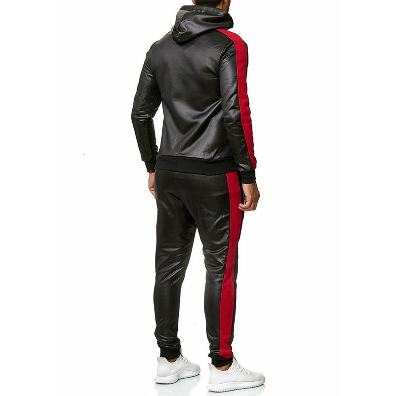 European cross-border autumn and winter men's hooded set with PU leather jacket for sports, slow running, and leisure. Two piece set for foreign 