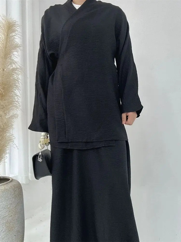Eid Plain 2 Piece Abaya Set Tops Skirt Modest Muslim Sets Abayas For Women Clothing Robe Caftan Marocain Femme Musulmane Kaftan 241114
