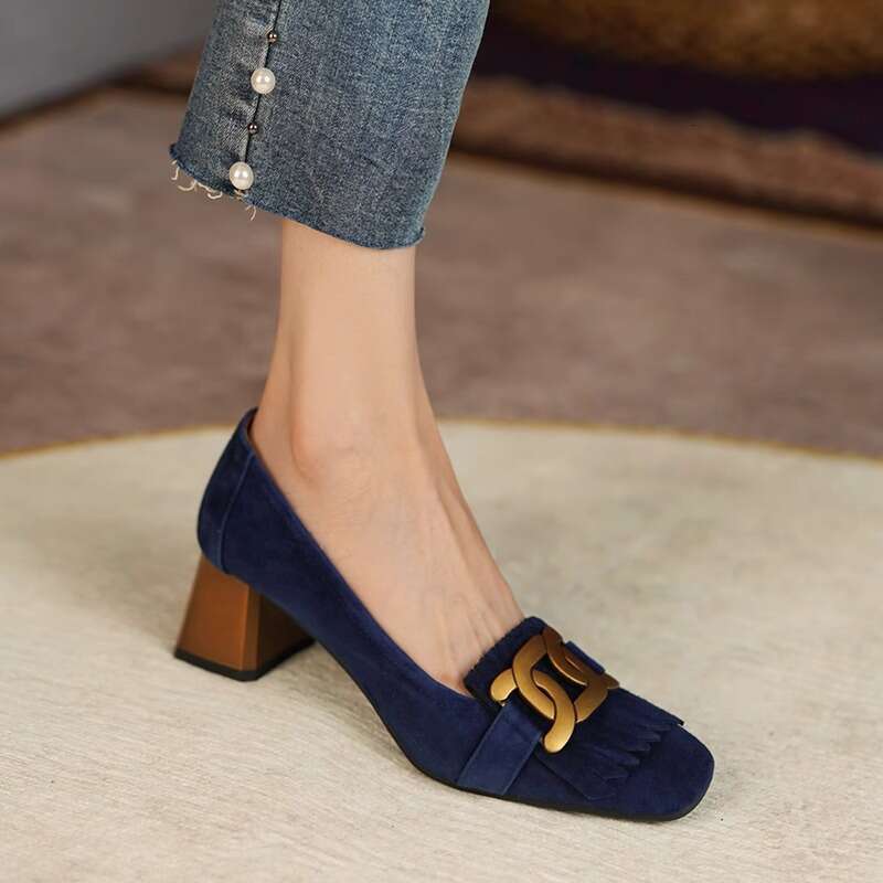 2024 Summer And Autumn New Style Square Head Metal Buckle Tassel Coarse Follow Women's French Mary Jane Small Leather Shoes Trendy
