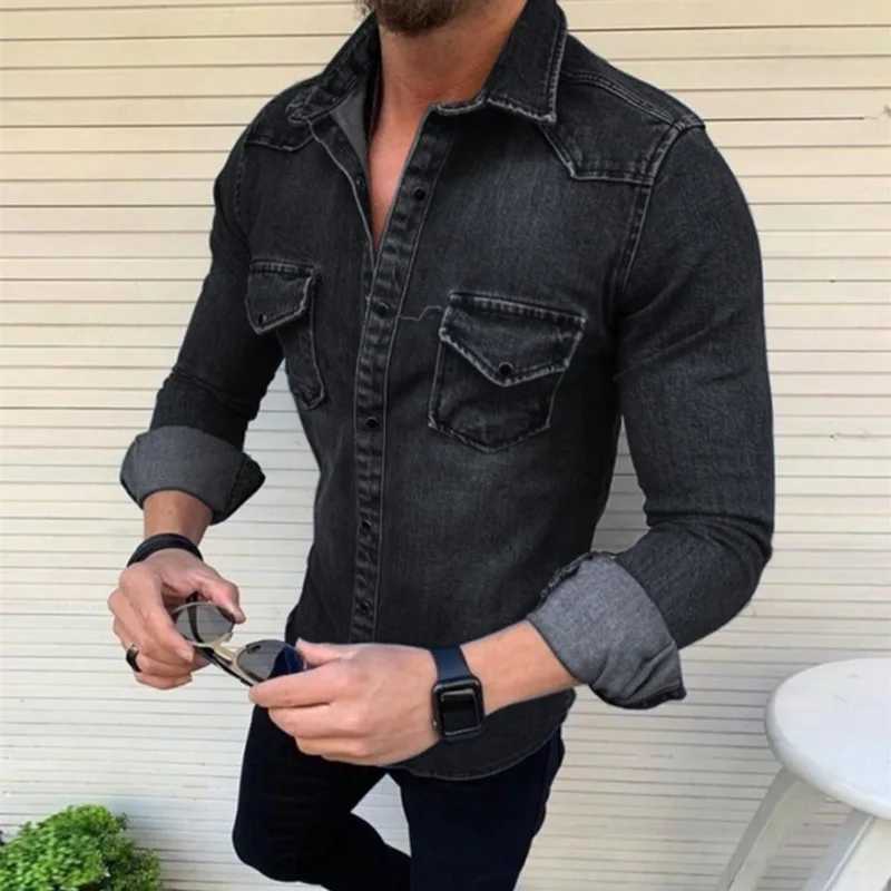 ZOGAA Mens Solid Color Soft Elastic Washed Denim Shirt Slim Fit Long Sleeve Casual High Quality Denim Shirt CoatXJ24113