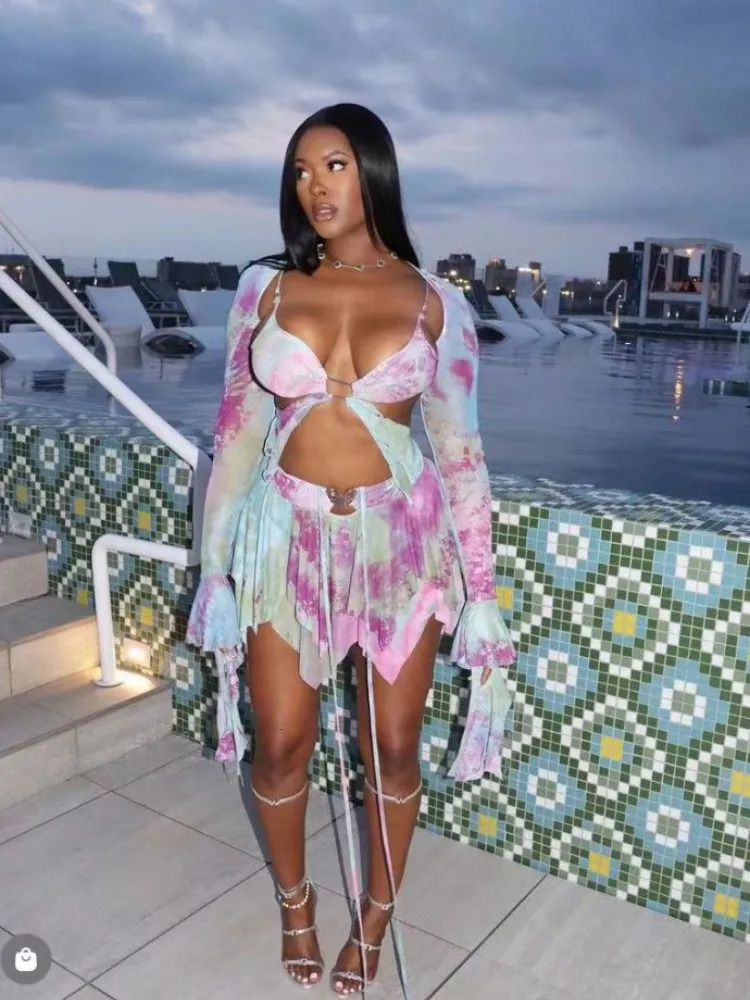 Weird Puss Sweet Women 3 Piece Set Sexy Tie Dye Print Irregular Butterfly CamisoleCrop TopsSkirts Matching Streetwear Outfits 240403Z