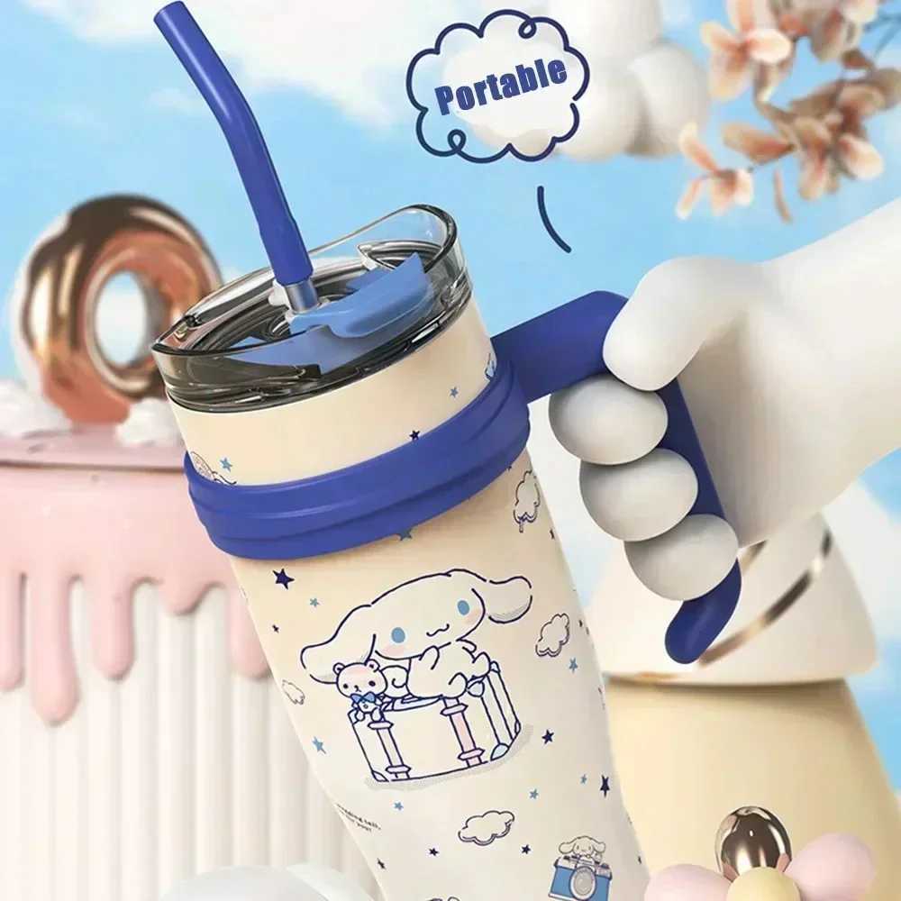 1200ml hot water bottle cool and cute Kuri cinnamon melody stainless steel water bottle straw gift Y241114