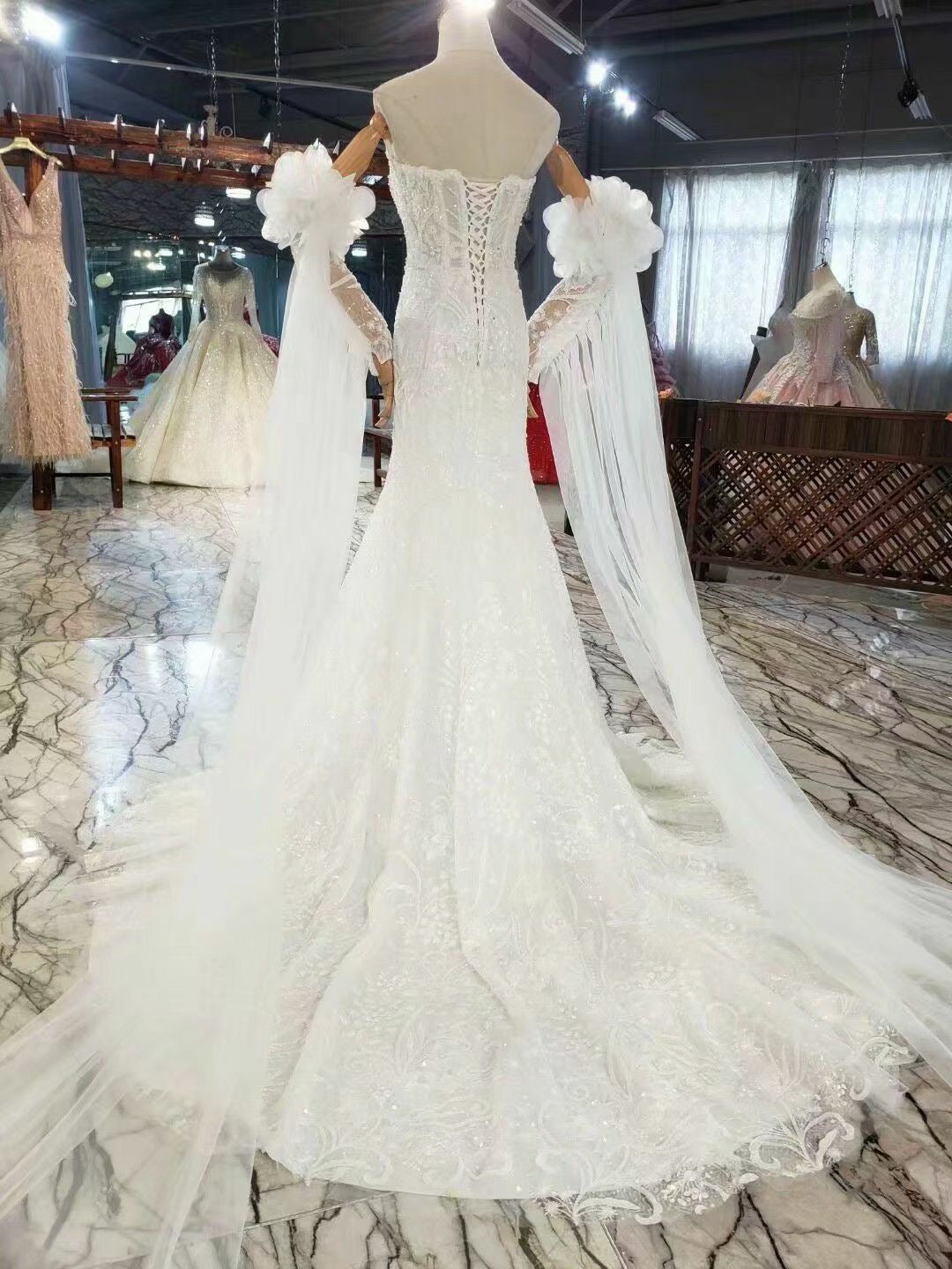 Elegant Mermaid Wedding Dresses for Bride Off Shoulder Corset Back Sweep Train Pleats Beads Pearls Garden Country Bridal Gowns 01