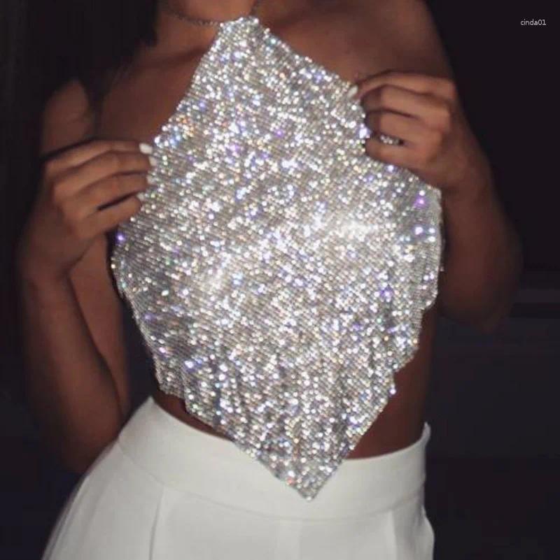 Women's Tanks Shiny Diamond Tank Top Crystal Rhinestone Halter Low Out Backless Crop Tops Sexy Nightclub Y2K Festival Rave Party Camis