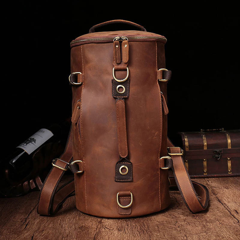 Unique Design Backpack For Men Vintage Crazy Horse Leather Bucket Daypack Large Travel Bag Male Backpac Genuine Leather BagVoyage