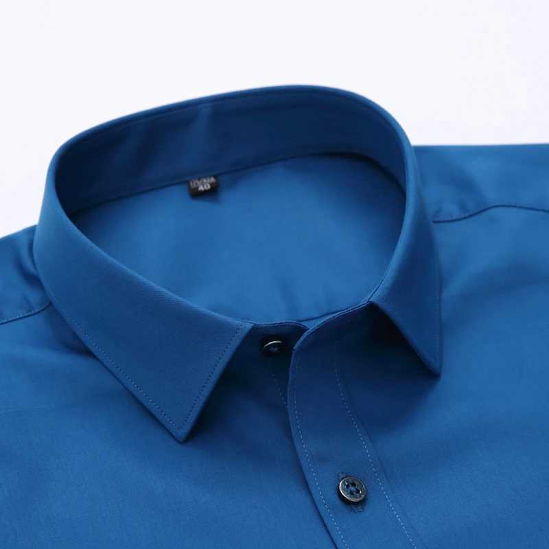 Summer Short Sleeve Mens Slight Strech Bamboo Fiber Shirts Without Pocket Standard-fit Formal Business Solid Basic Dress ShirtXJ24113