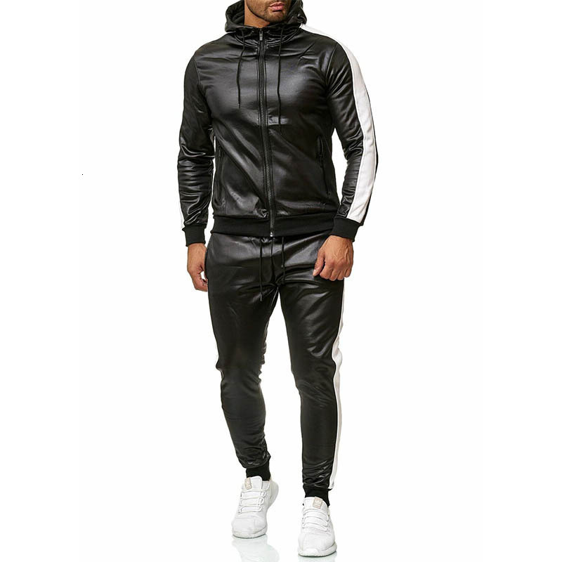 European cross-border autumn and winter men's hooded set with PU leather jacket for sports, slow running, and leisure. Two piece set for foreign 