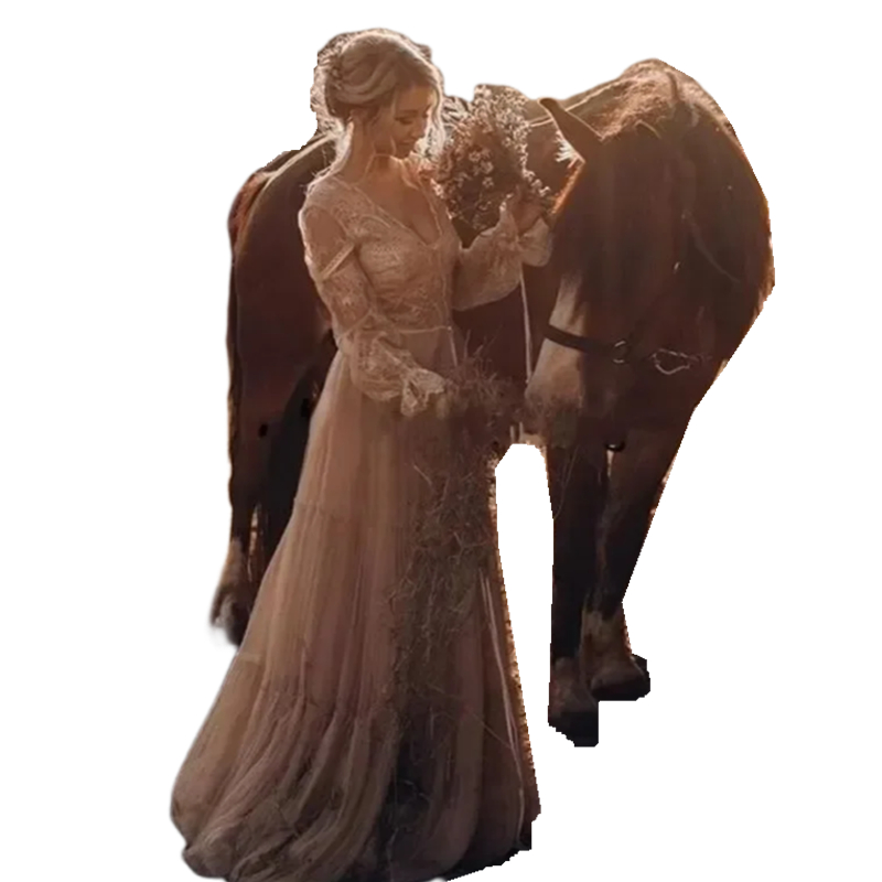 Vintage Country Western Wedding Dresses A Line Lace Appliques Flare Long Sleeves Boho Bridal Gowns Hippie Style Bride Dress V-Neck Robe De Mariee 2024