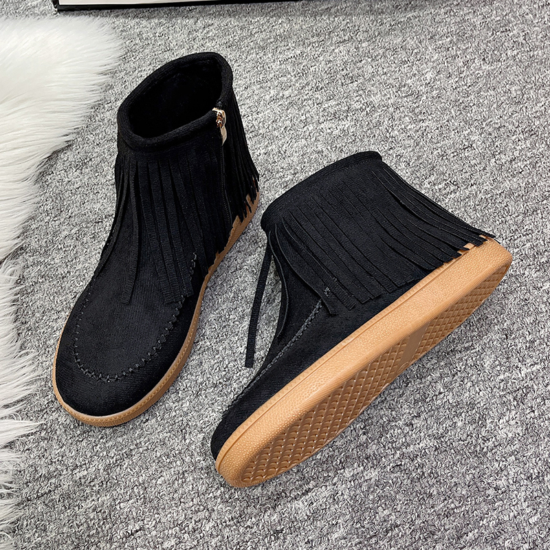 Winter women's new tassel boots, short leg side zipper low heel sponge sole, thick suede women's shoes