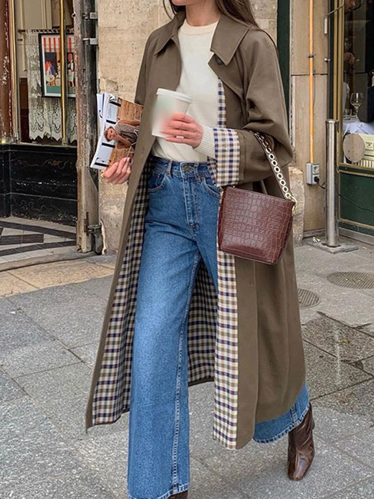 Women's long windbreaker loose collar single breasted coat autumn long sleeved women's retro women's jacket windbreaker coat, street dr
