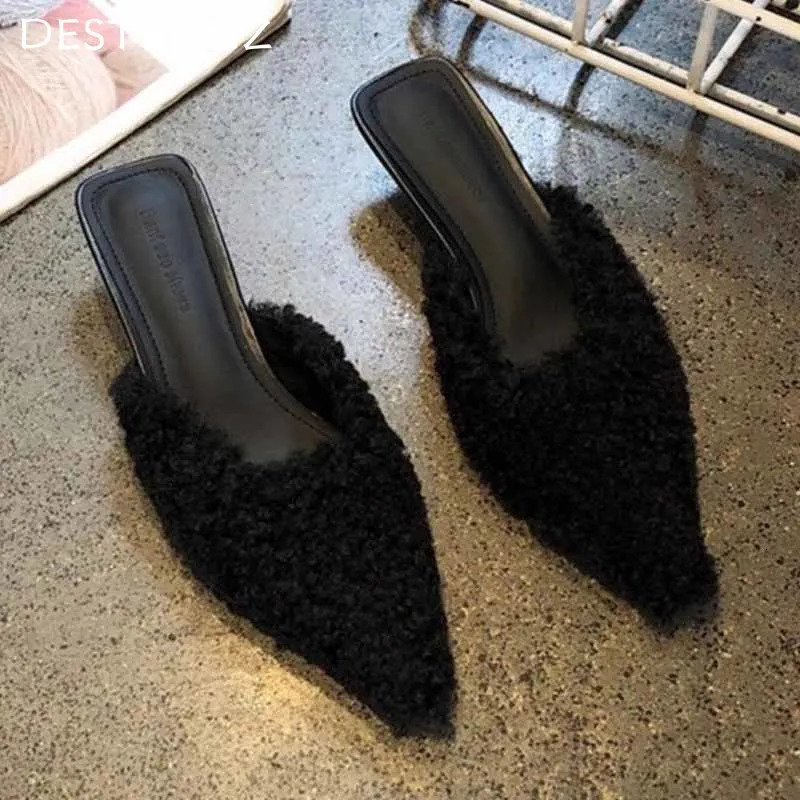 Fur Leopard Pointed Toe Women Slippers Fashion Sexy Mid Heels Dress Shoes Woman 2025 Trend Winter Pumps Walking Zapatillas Mujer 241114