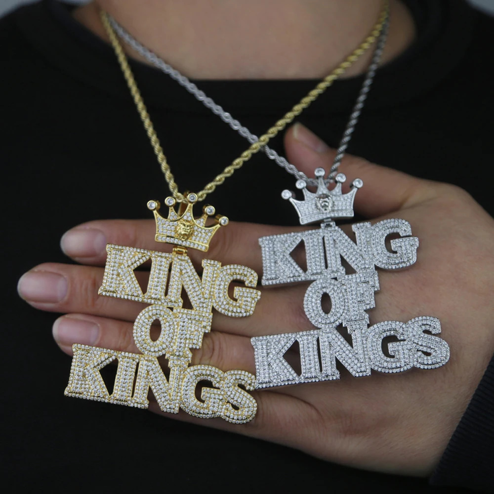 Iced Out Bling King Necklace for Men Prong Setting Cubic Zirconia Gold Color Letter Crown Pendant Hip Hop Jewelry 241113