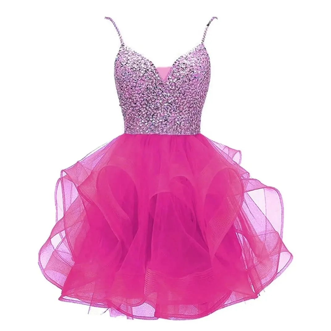 Fuchsia Homecoming Dresses Organza V-Neck Spaghetti Straps Beaded Short Graudation tail Prom Party Gown