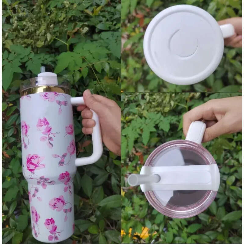 US Stock Rosa Beaux Pink Wicked 40Oz Bow Cap LOVE SHACK FANCY Cups Rose Blue Magnolia Lilac Ral Stainless Steel Tumblers With Silicone Handle Lid Stra