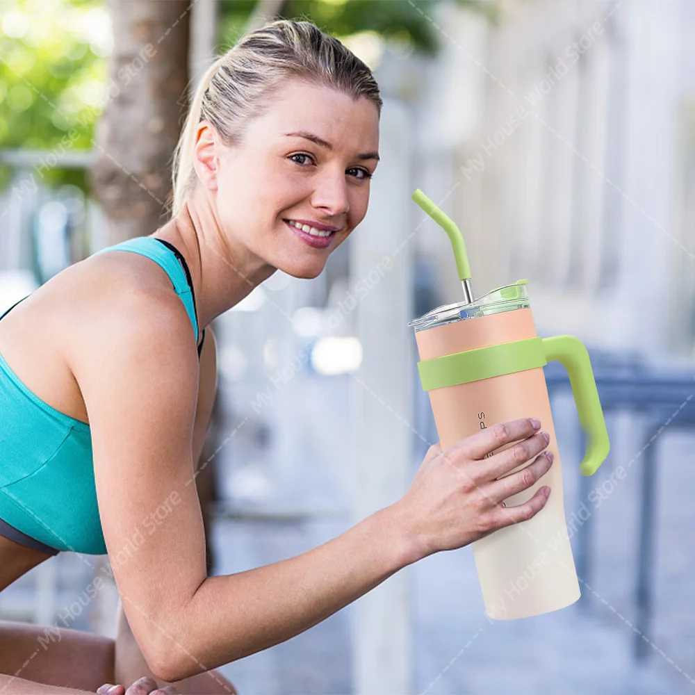 40 oz stainless steel hot bottle with handle straw gradient large capacity coffee cup inflatable hot bottle g Y241114