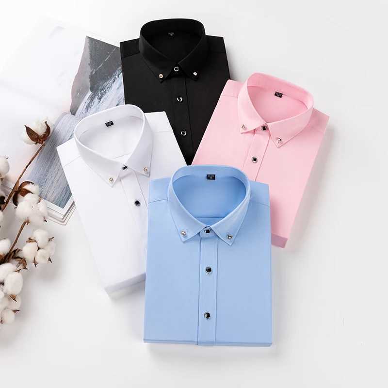 Button Shirt For Mens Long SLeeve Solid Color Stretch Slim Business Male No-Iron White Social Shirts Blouse Men ClothingXJ24113