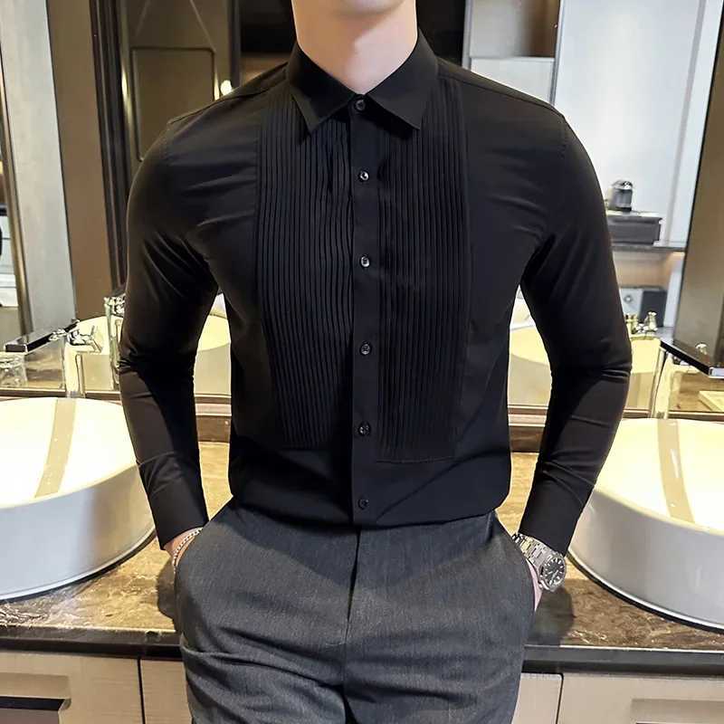 Groom Wedding Party Dress Shirt Mens Fashion Pleated Design Slim Fit Shirt Men Formal Long Sleeved Social Business TailcoatXJ24113