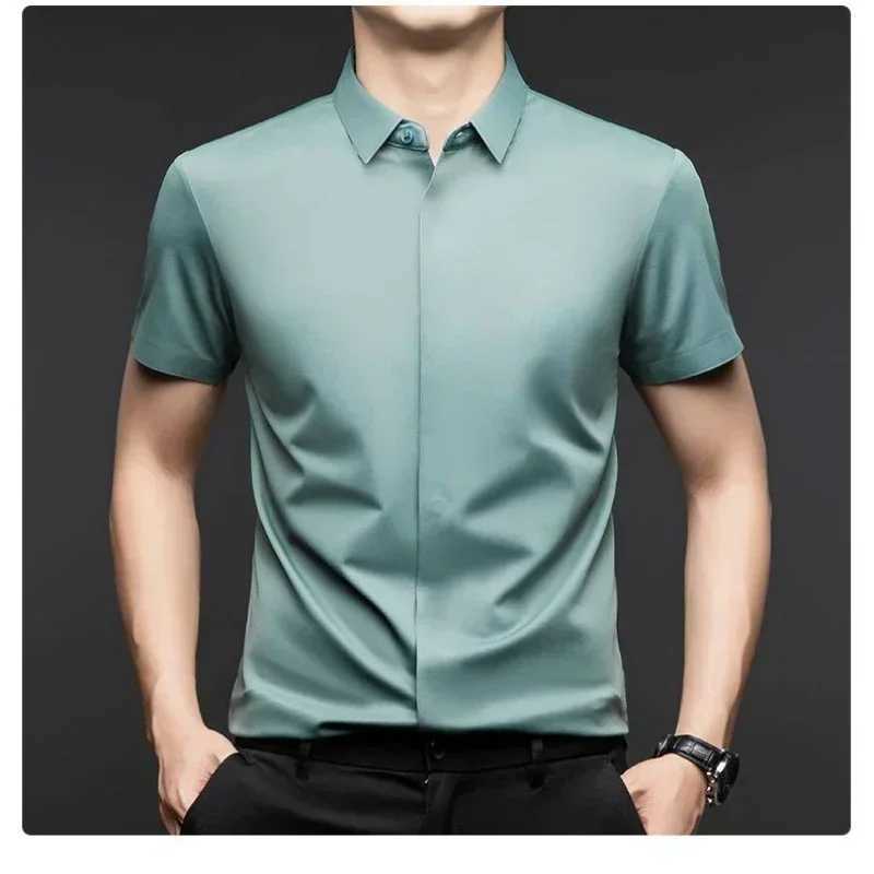 High end Mulberry Silk Dress Shirts Business Men Wrinkle Resistant Button Invisible Elastic Tops Luxurious Male Quality ClothingXJ24113