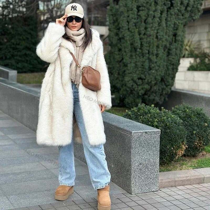 Neo Mint Slouchy chic gradient long environmentally friendly artificial fur coat for womens winter thick warm fluffy fox fur leather jacket fashionabl