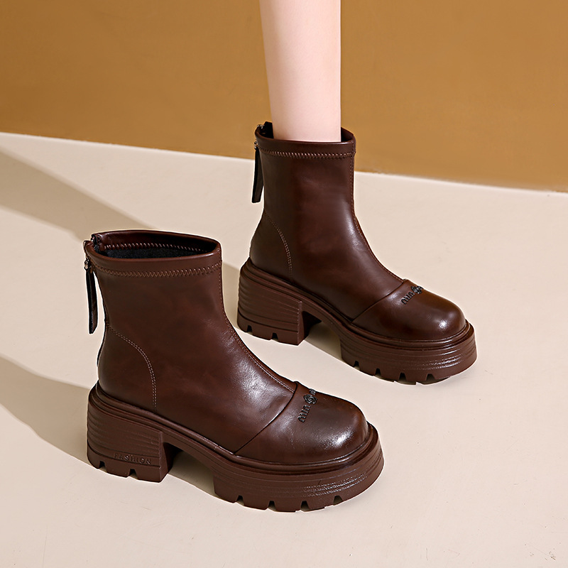 Korean Version Autumn Leather Mid Heel Versatile Martin Boots.