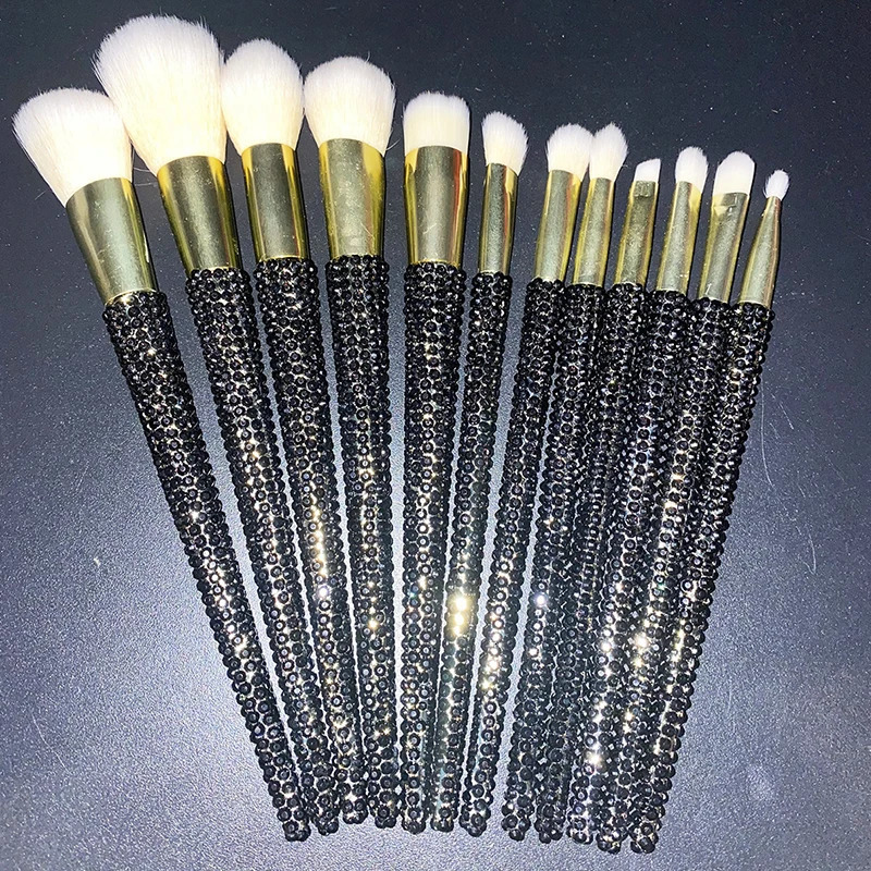 12Pcs/set Diamond-studded Makeup Brushes Gems Makeup Beauty Tools Full Diamond Loose Powder Foundation Concealer Brush Bling 240412