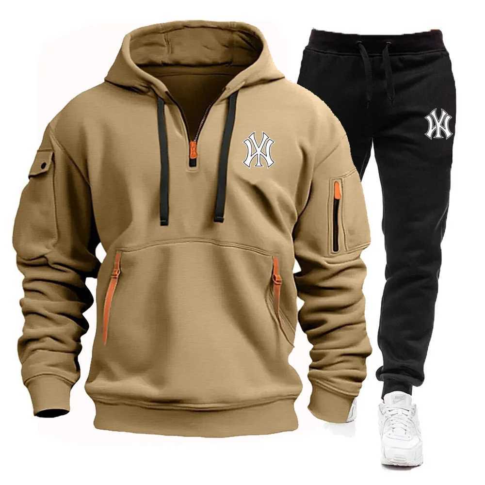 Mens Mens autumn and winter multi pocket zipper hooded sweatshirt+sweatpants 2 sets of casual jogging hooded sweatshirt sportswear X241113