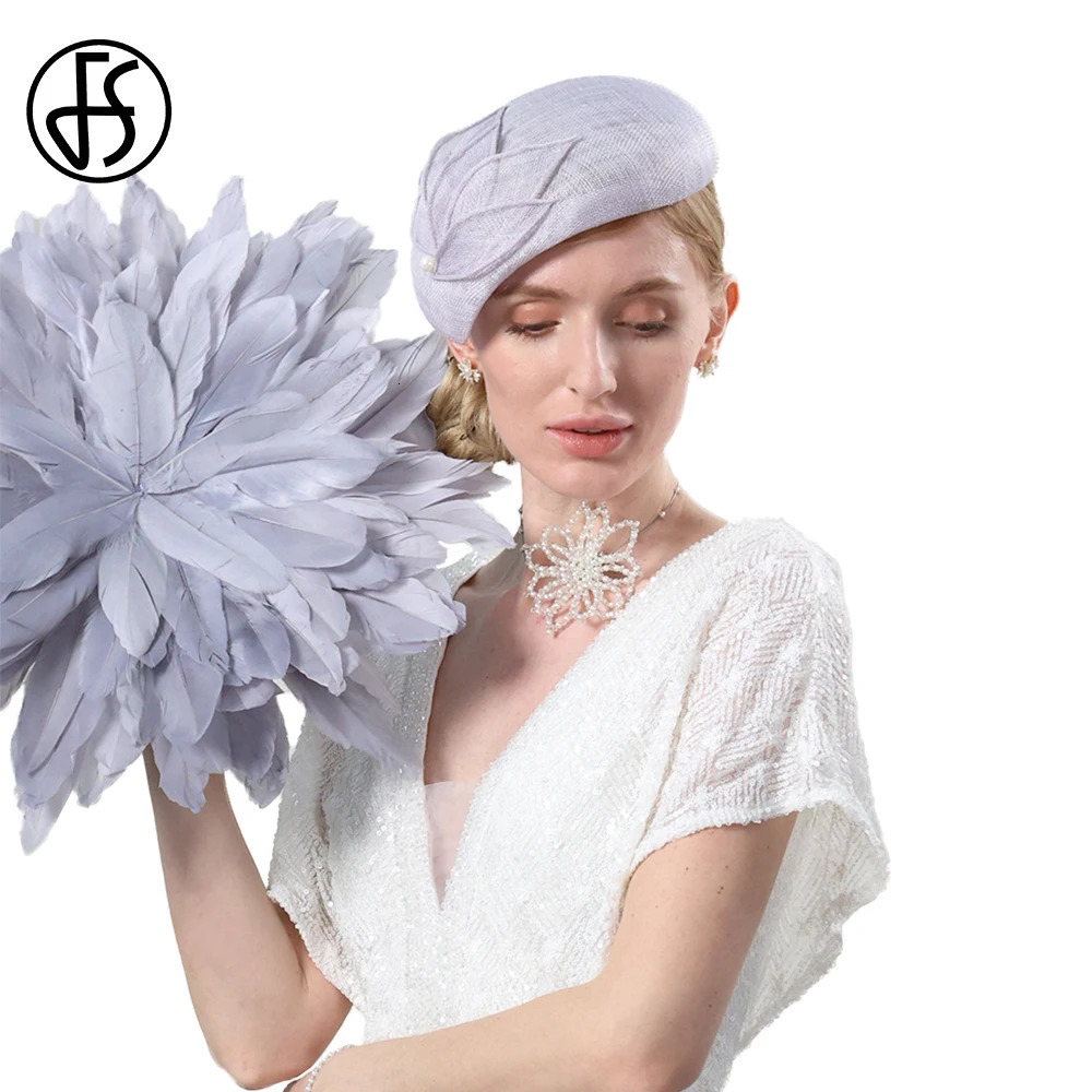 FS Literary Versatile Beret Light Gray Sinamay Hats Fascinators For Women Elegant Cocktail Party Headdress Lady Cap 240412