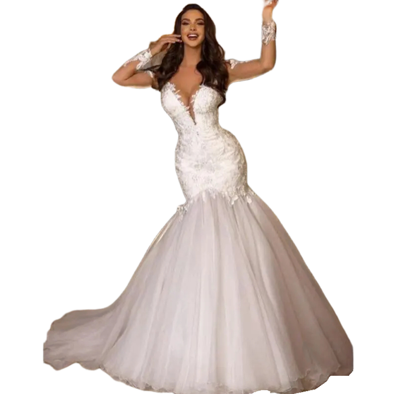 Charming Mermaid Wedding Dresses Long Sleeves Lace Appliques Illusion Sexy Bridal Gowns Ivory Tulle Bride dress Sheer Back Summer Vestido De Novia 202