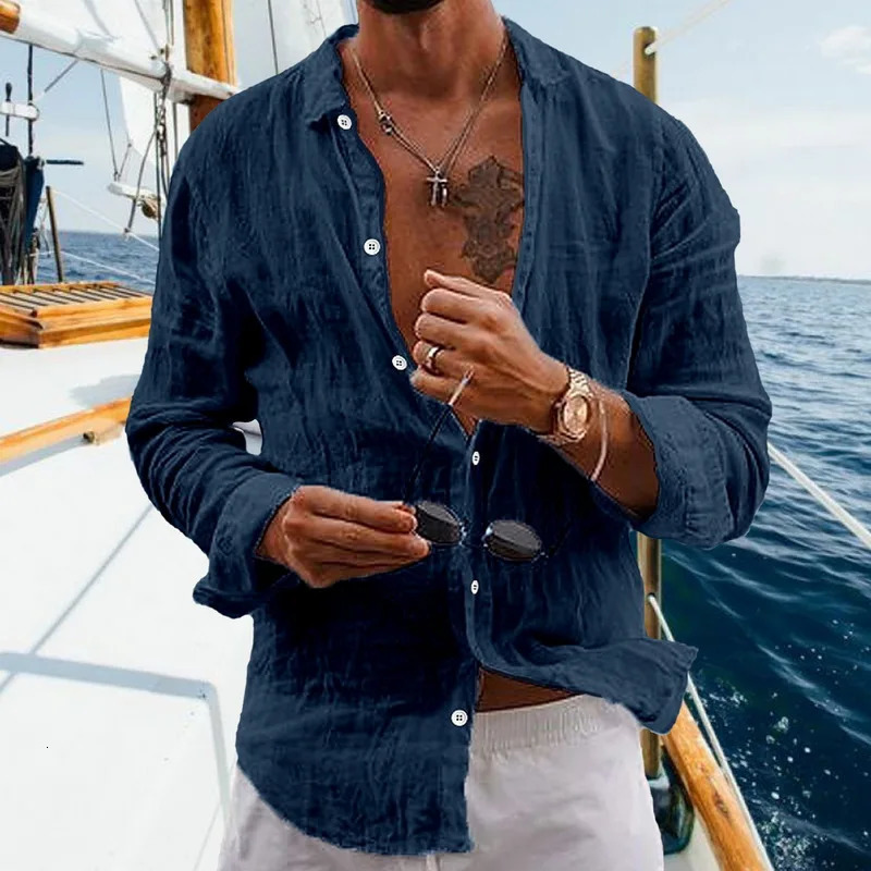 linen mens long sleeved lapel loose and comfortable mens shirt for spring and summer solid casual shirt mens clothing 241113