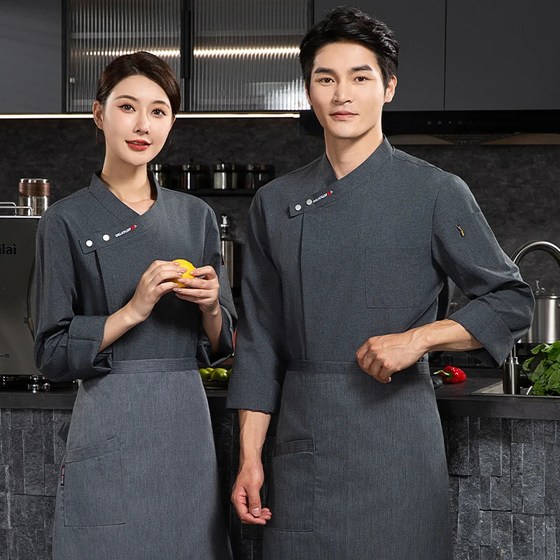 Grey long sleeve chef jacket el coat Tshirt uniform restaurant Bakery Breathable Cooking clothes 240412