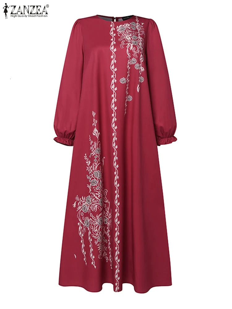 ZANZEA Womens Vintage Long Sleeve Abaya Maxi Sundress Fashion Marocain Dubai Vestido Robe Women Flower Print Muslim Dress 241111
