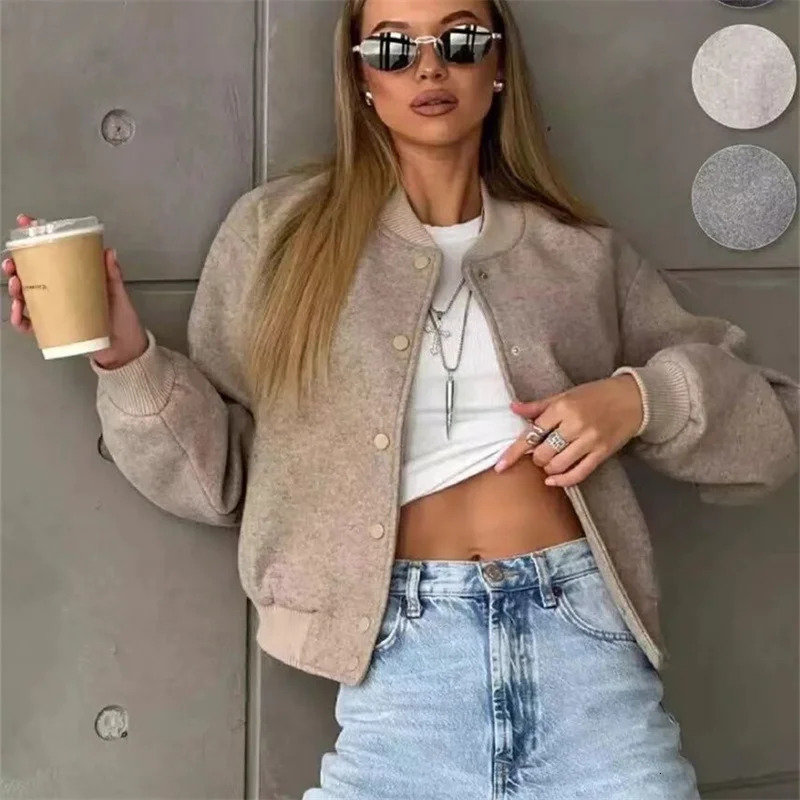 TRAF 2024 Women Jacket Cropped Bomber Jackets For Beige Black Tweed Woman Fashion Long Sleeve In Short Coats 241113