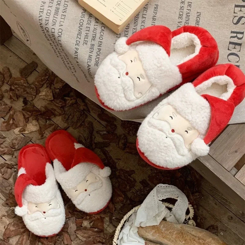 Cute Santa Claus Mens Indoor Non slip Woolen Leather Shoes Couple Winter Warm Cotton Slippers Christmas Party 241113
