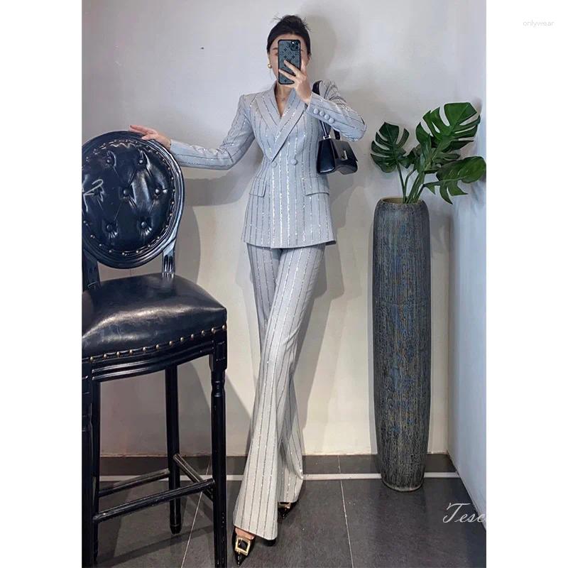 Women's Two Piece Pants Tesco Sparkling Diamond Suit Sets Gray Black Double Breasted Elegant French Jacket Trousers Slim Temperament Outfits