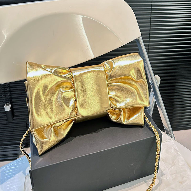 Designer Women Shiny Bow Evening Bag Leather Five Colors Pleated Decoration Gold Silver Buckle Matelasse Chain Lovely Clutch Purse Shoulder Cross Handbag 24x12cm