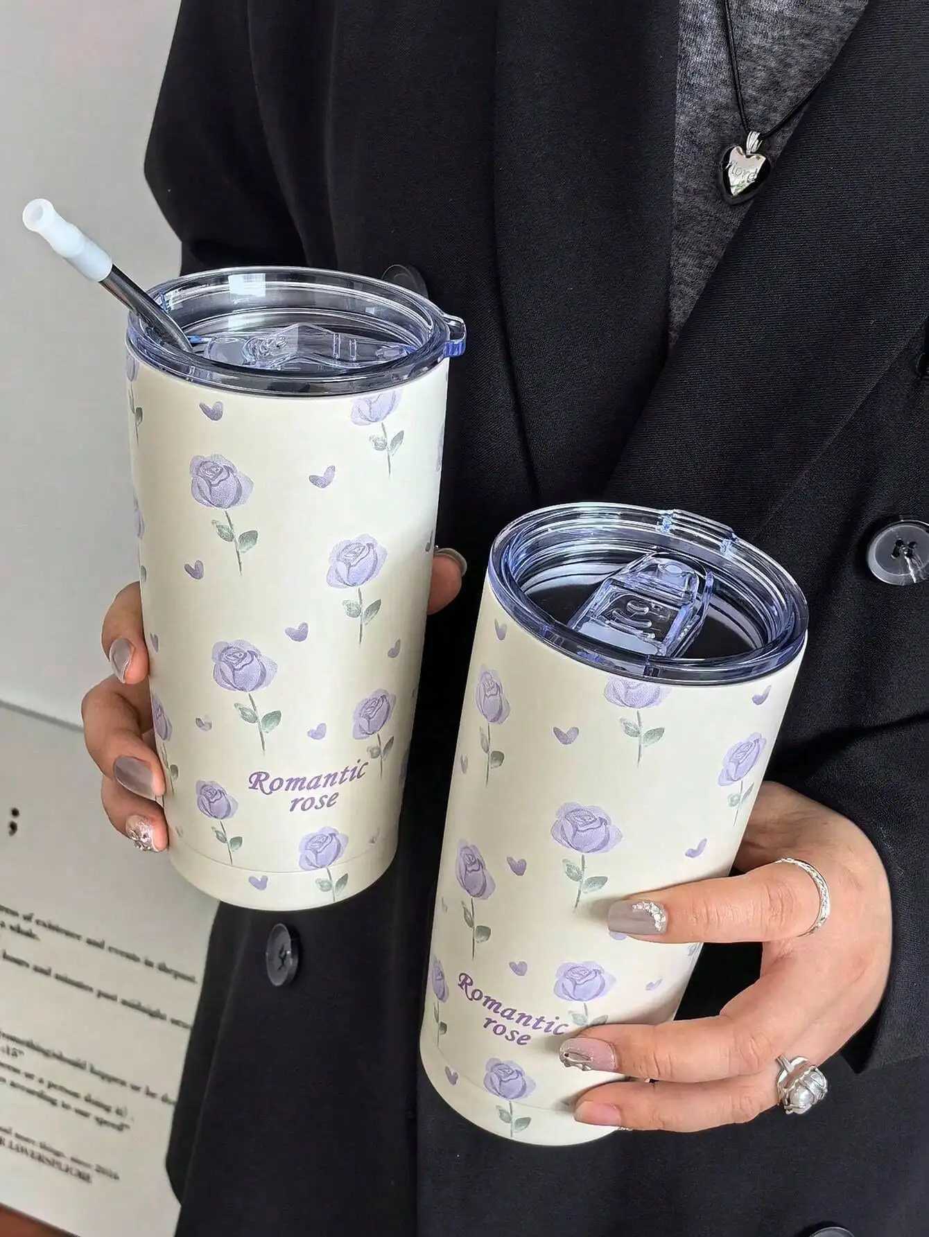 1PC 550ml rose patterned double-layer stainless steel hot cup g coffee cup water bottle travel g Halloween/Christmas/ Y241114