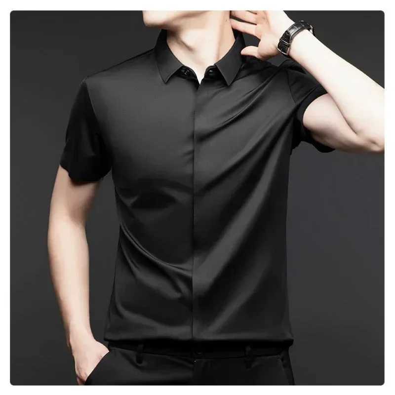 High end Mulberry Silk Dress Shirts Business Men Wrinkle Resistant Button Invisible Elastic Tops Luxurious Male Quality ClothingXJ24113