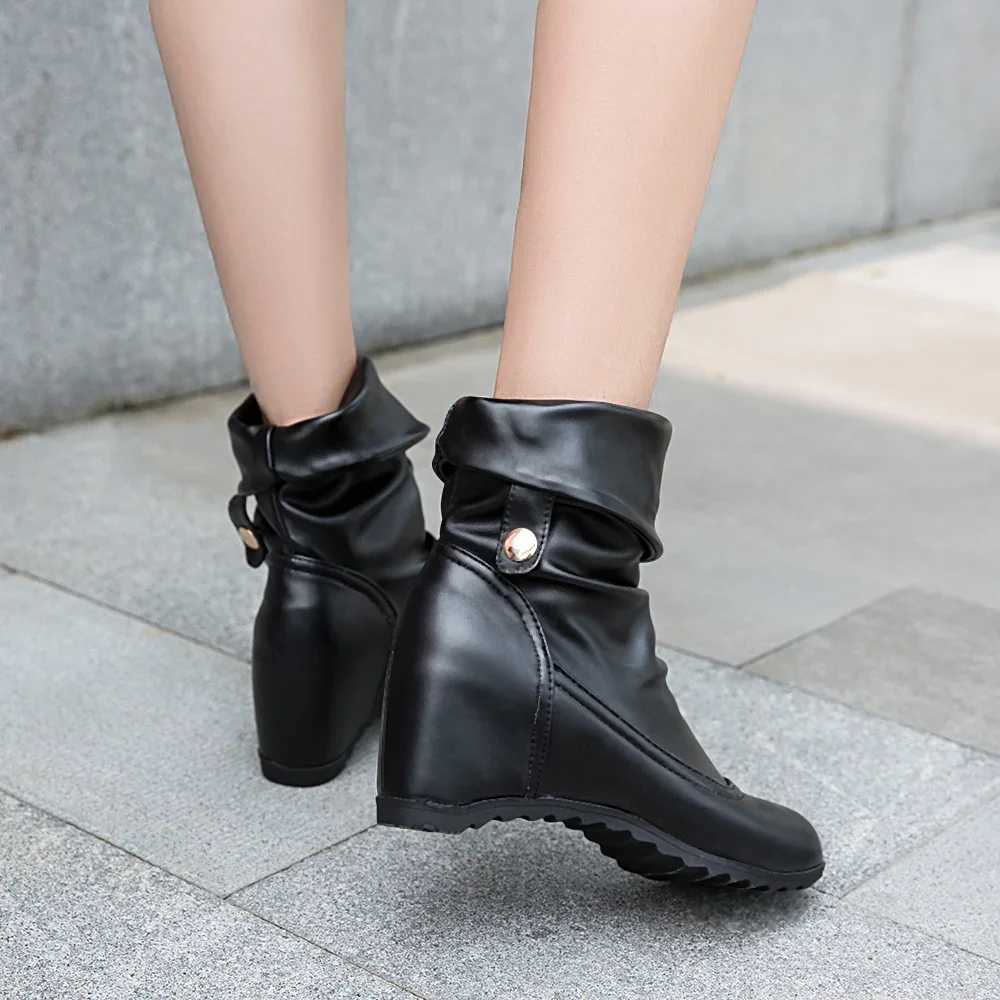 High Quality Womens Wedge Boots Plus Size 33-43 Spring and Autumn Flat Lg Pu Soft Leather Motorcycle Boots White Black T241113