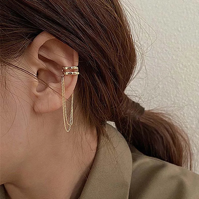 Silver Color Long Tassel Ear Cuff Multilayer No Piercing Hook Clip Earrings for Women Simple Temperament Jewelry Gift 241113