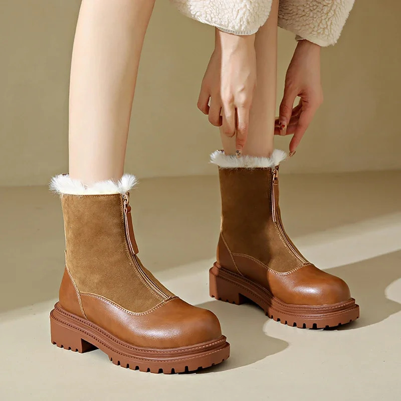 Warm Plush Boots Womens Winter Shoes Chelsea Suede Platform Casual Womens Ankle Boots Round Toe Fur Gottbotas Womens Brown 241113