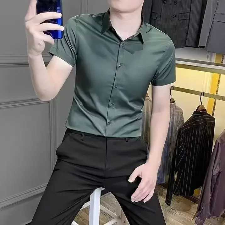 Summer Mens Short Sleeved Shirt Korean Slim Long Sleeved Elastic Business Casual Social Formal Shirt Y2k Elegant Mens ClothingXJ24113