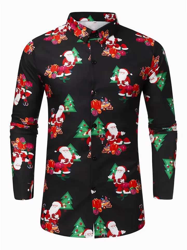 Classic Christmas snow element shirt printed long sleeved mens shirt fashionable casual shirt breathable and comfortable menXJ24113