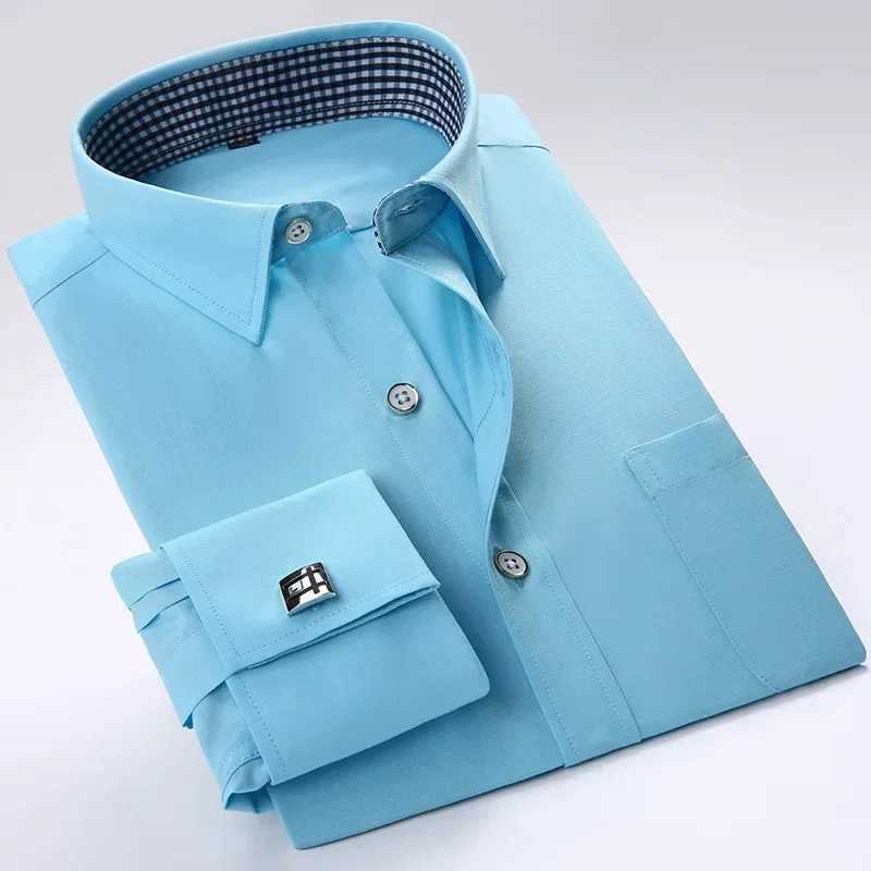 Quality French Cufflinks Shirt Mens Long Sleeve Tuxedo Male Brand Slim Fit White Button Cuff Social Men Dress ShirtsXJ24113
